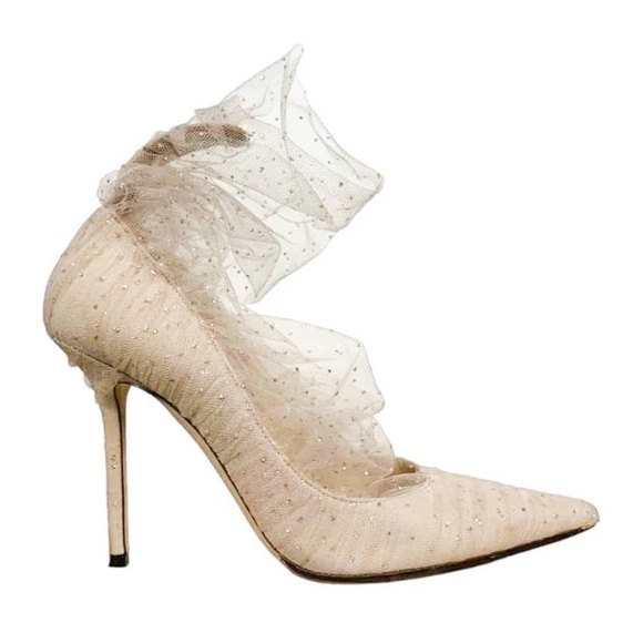 Jimmy Choo Shoes - Jimmy Choo Tulle Lavish 100 Suede Ballet Pink Beige Tan Glitter Mesh Heel Pumps